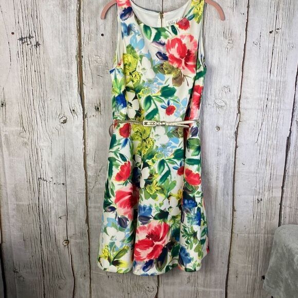 Eliza J Floral Watercolor Knee Length Dress w/ Belt Size 12 E - Picture 4 of 11